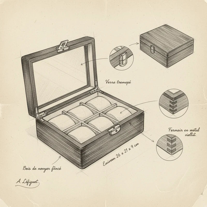 Boite de rangement pour montres 8 Slots - croquis technique artisan | Boites Lefiguet
