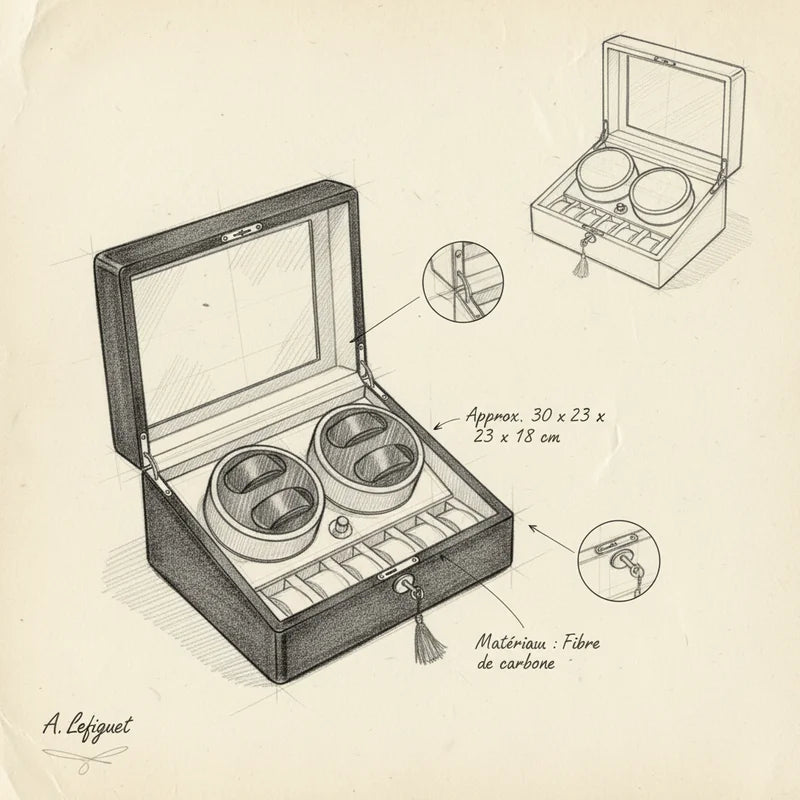 Remontoir montre automatique en fibre de carbone 10 Slots - croquis technique artisan | Boites Lefiguet