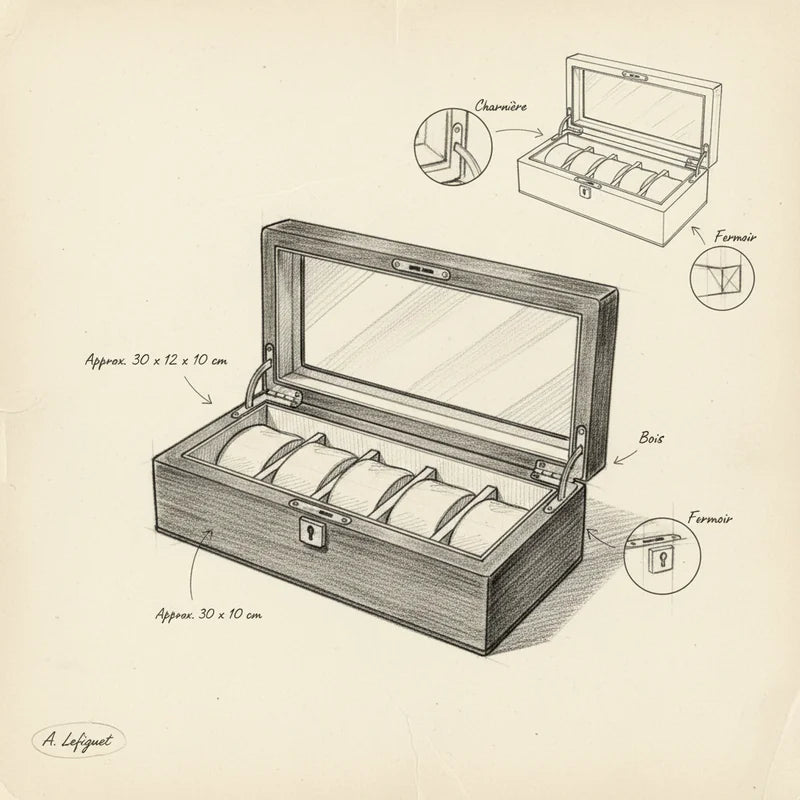 Boite a Montre en Bois Massif 5 Slots - croquis technique artisan | Boites Lefiguet