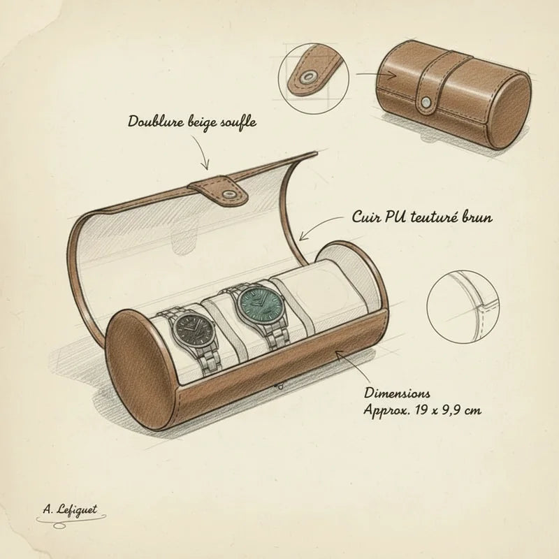Etui montre cylindrique en cuir 3 slots - croquis technique artisan | Boites Lefiguet