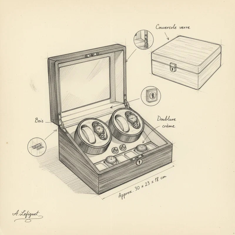Remontoir montre automatique Bois vernis 10 Slots - croquis technique artisan | Boites Lefiguet
