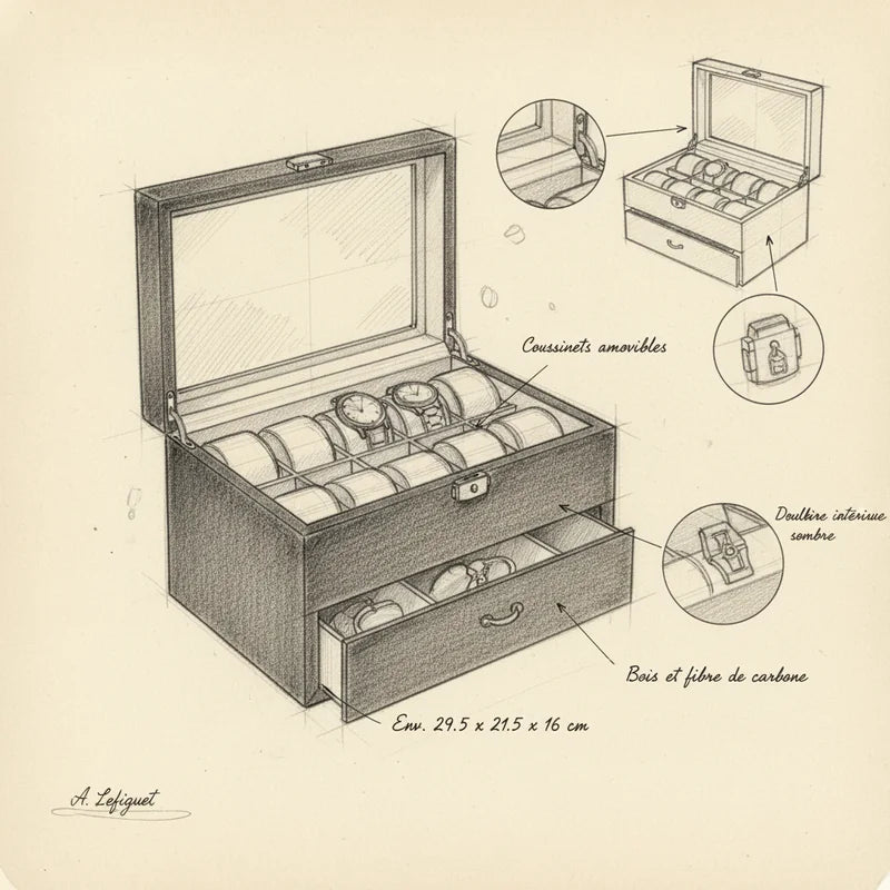 Boite a montre en fibres de carbone 20 Slots - croquis technique artisan | Boites Lefiguet