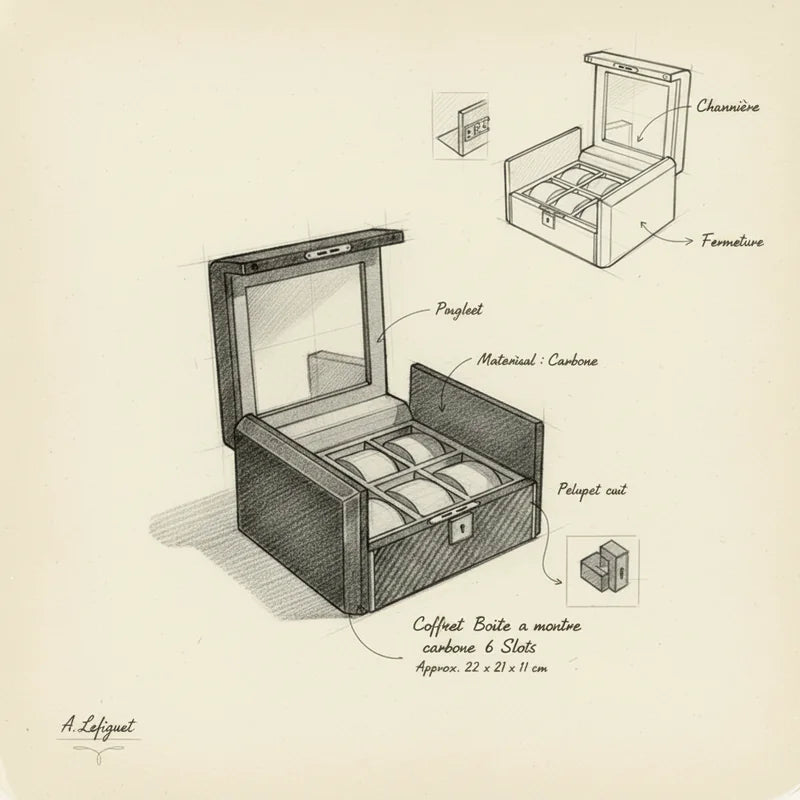 Coffret Boite a montre carbone 6 Slots - croquis technique artisan | Boites Lefiguet