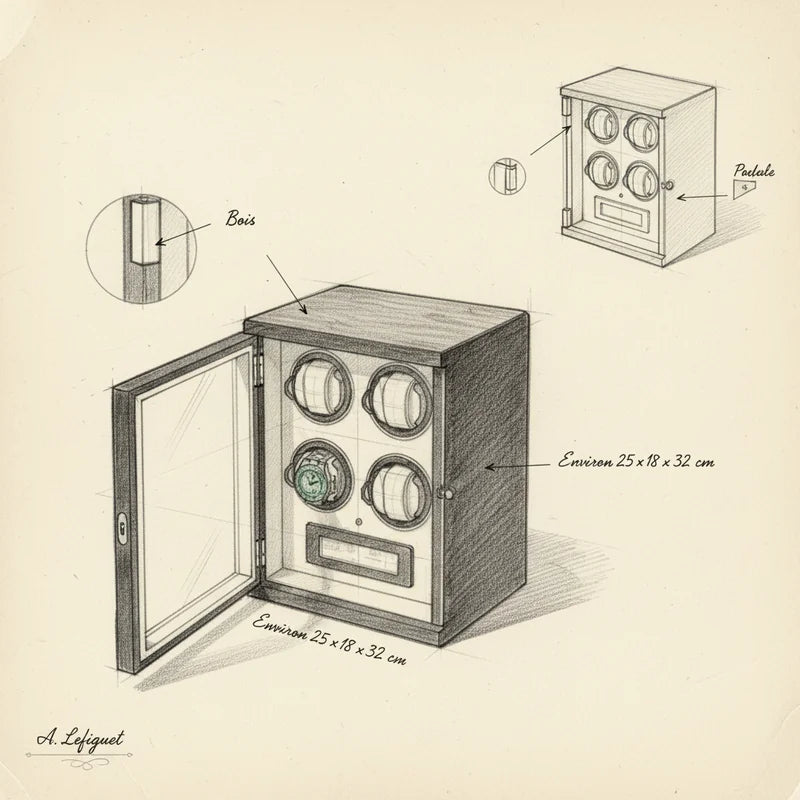 Remontoir pour montres automatique Bois 4 Slots - croquis technique artisan | Boites Lefiguet
