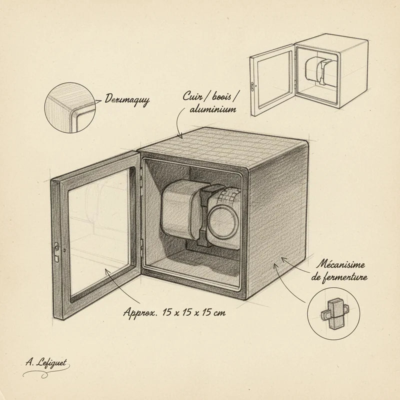 Remontoir montre automatique Cube 2 Slots - croquis technique artisan | Boites Lefiguet