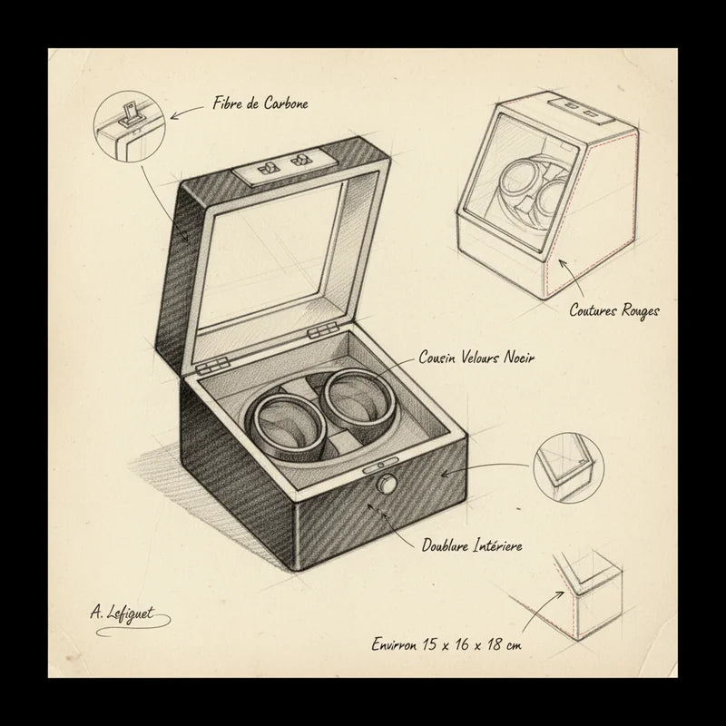 Remontoir à montres automatiques carbone 2 Slots - croquis technique artisan | Boites Lefiguet