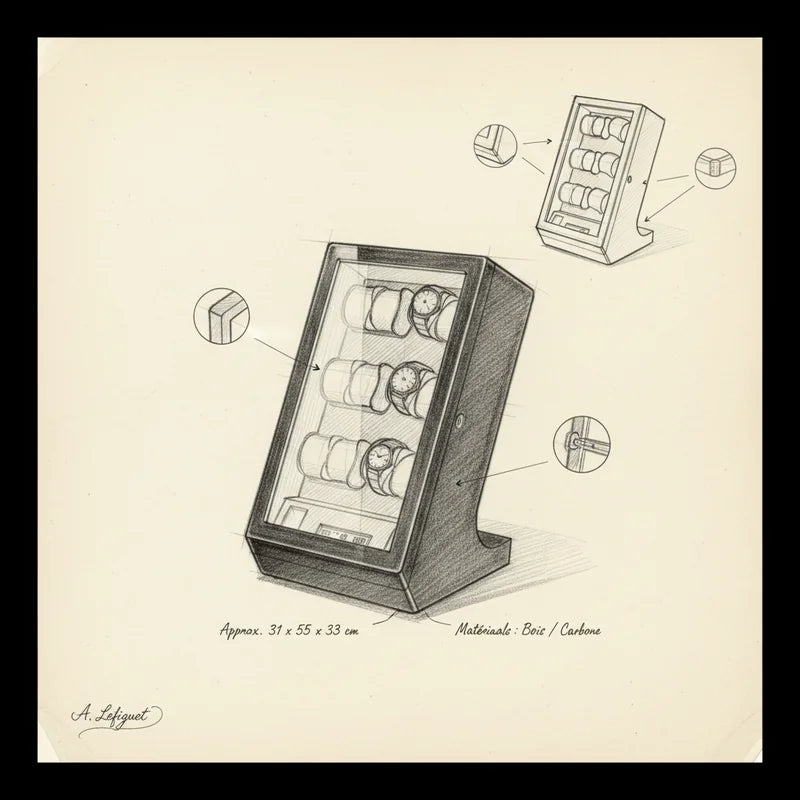 Remontoir carbone montres automatiques vertical 12 Slots - croquis technique artisan | Boites Lefiguet