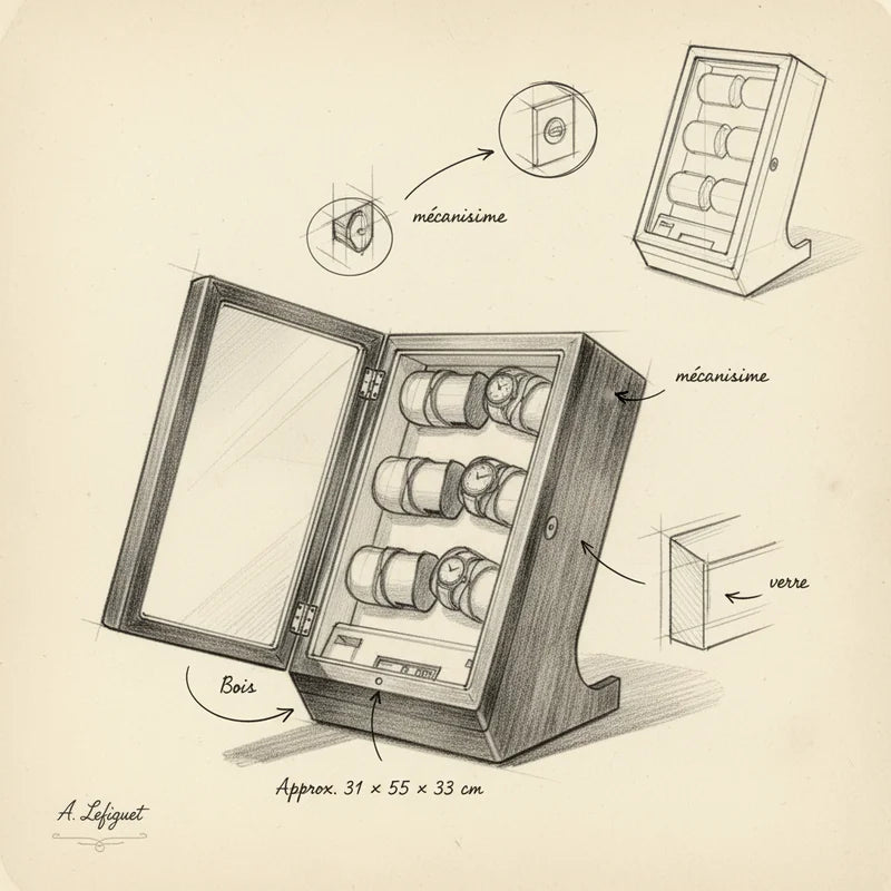 Remontoir bois montres automatique vertical 10 Slots - croquis technique artisan | Boites Lefiguet