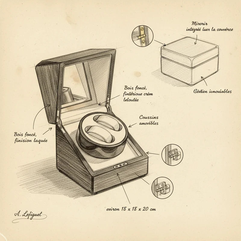 Remontoir montre automatique Red Wood 2 Slots - croquis technique artisan | Boites Lefiguet