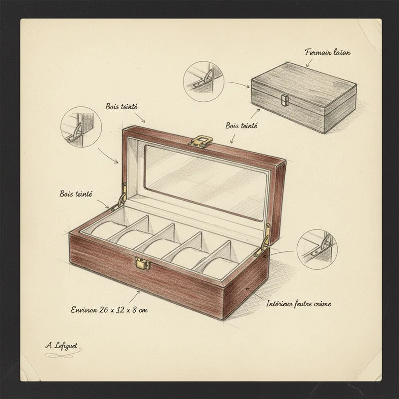 Boite a Montre Bois Rouge 5 slots - croquis technique artisan | Boites Lefiguet