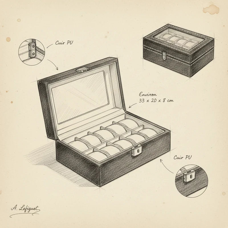 Boite a montre simili cuir 12 slots - croquis technique artisan | Boites Lefiguet