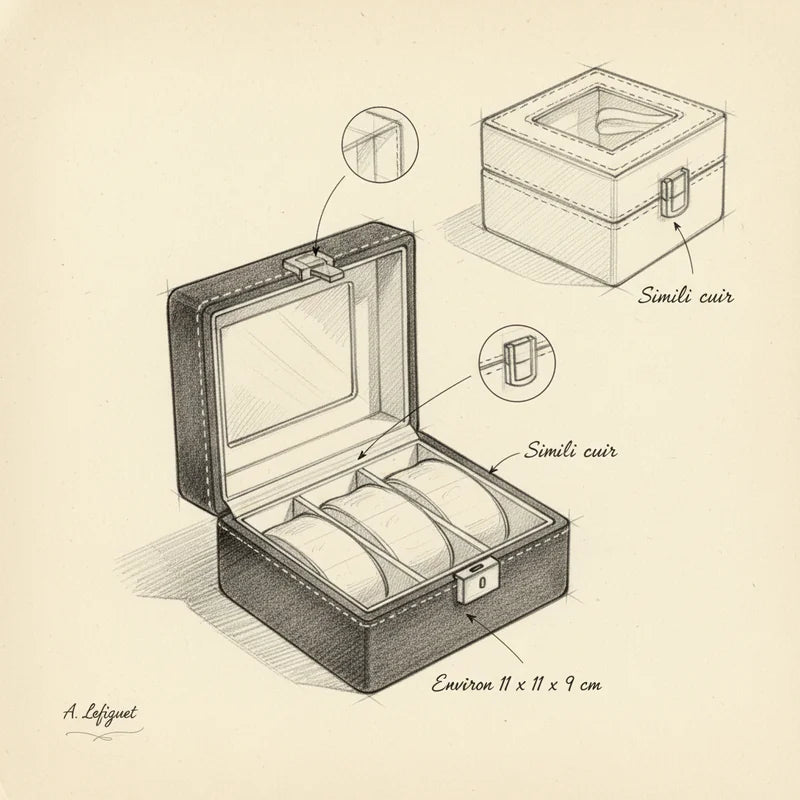 Boite a montre simili cuir 2 slots - croquis technique artisan | Boites Lefiguet