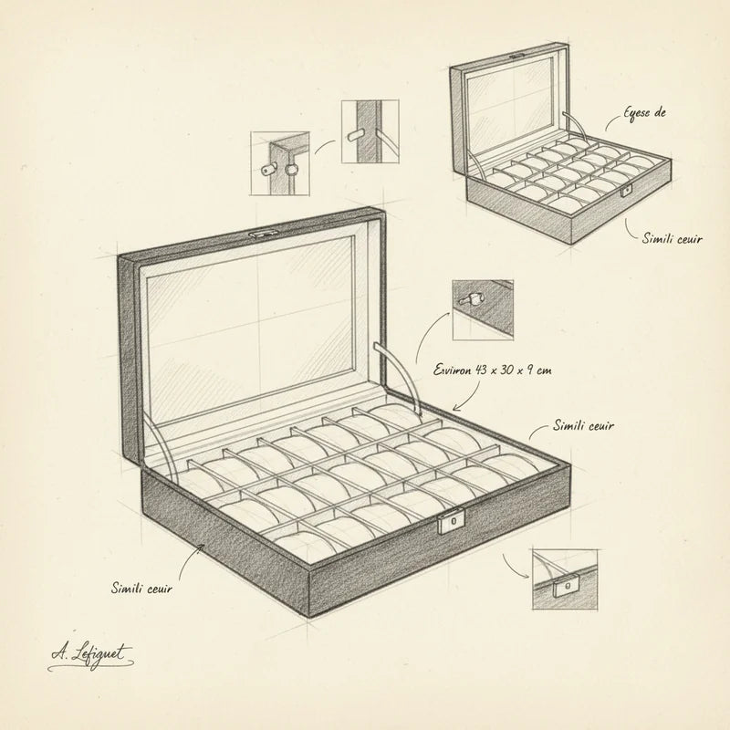 Boîte a montre simili cuir 24 slots - croquis technique artisan | Boites Lefiguet