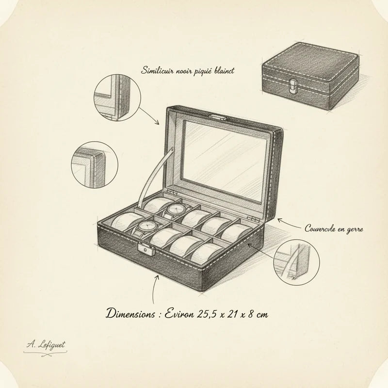 Boîte à Montre Simili Cuir Noir 10 Slots - croquis technique artisan | Boites Lefiguet
