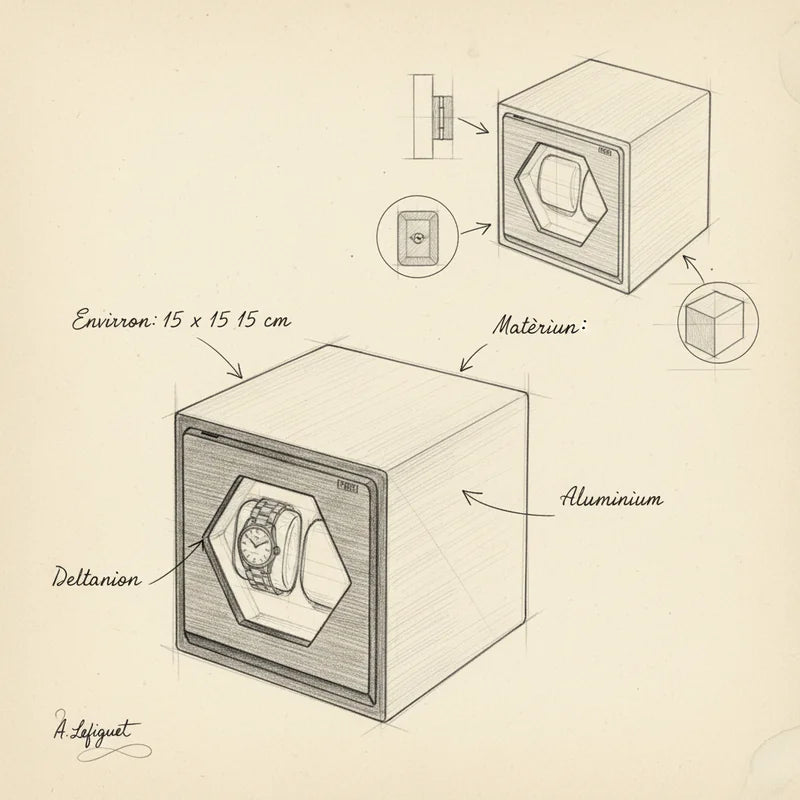 Remontoir montre automatique Cube Aluminium 2 Slots - croquis technique artisan | Boites Lefiguet