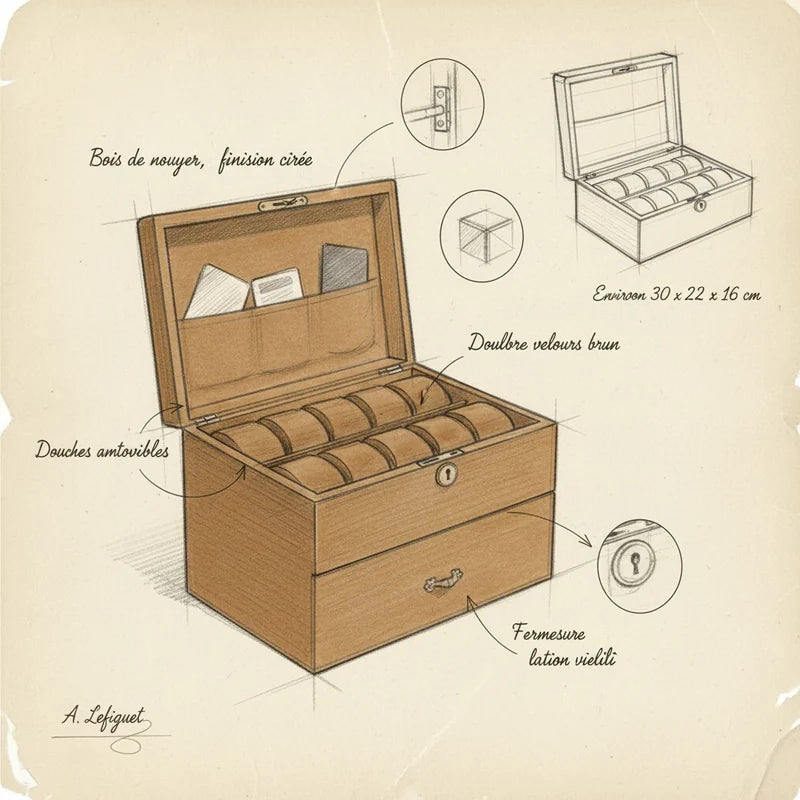 Boite a montre en frêne avec poche 20 Slots - croquis technique artisan | Boites Lefiguet