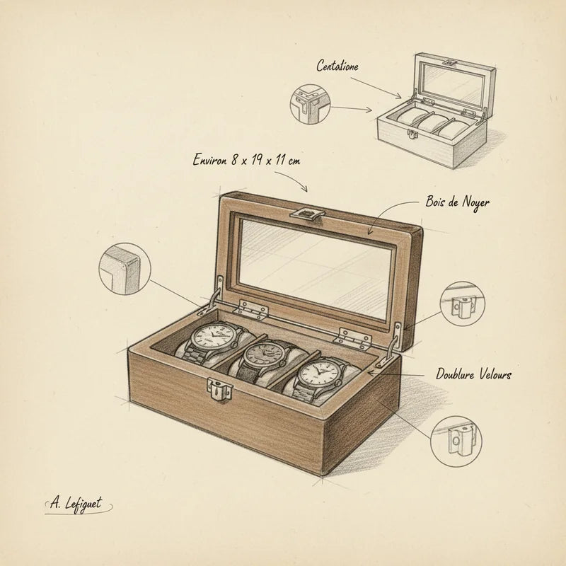 Boite de rangement de montres en Bois 3 slots - croquis technique artisan | Boites Lefiguet