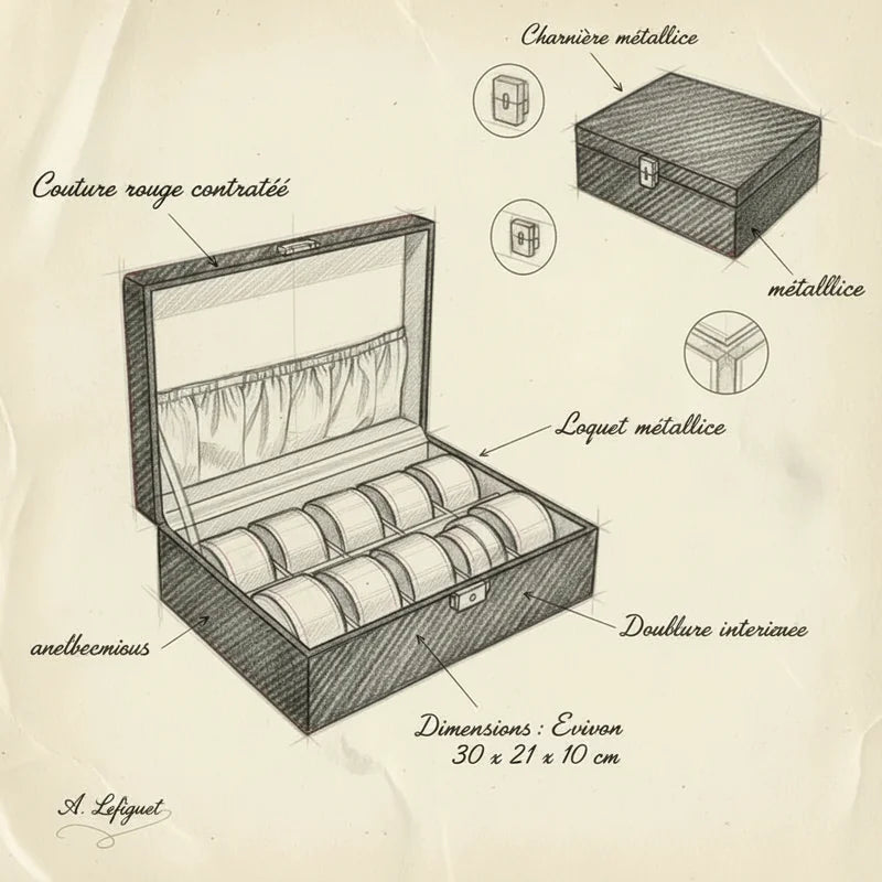 Coffret montre noir Carbone 10 slots - croquis technique artisan | Boites Lefiguet