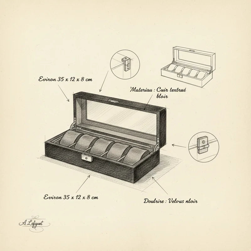 Boite Black Carbon Élégance 6 slots - croquis technique artisan | Boites Lefiguet