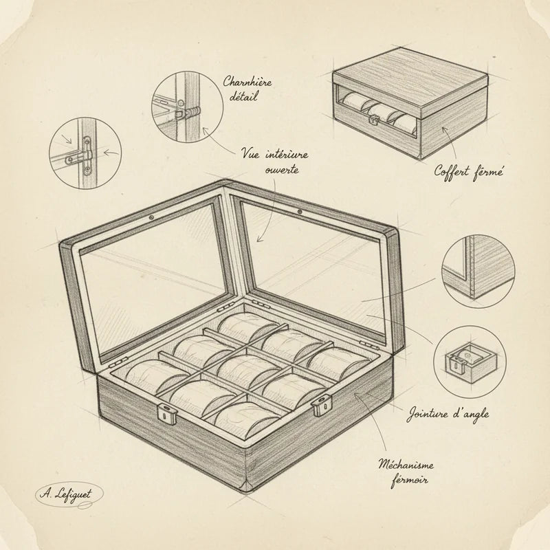 Boite à montre Personnalisable 8 slots - Robustesse - croquis technique artisan | Boites Lefiguet