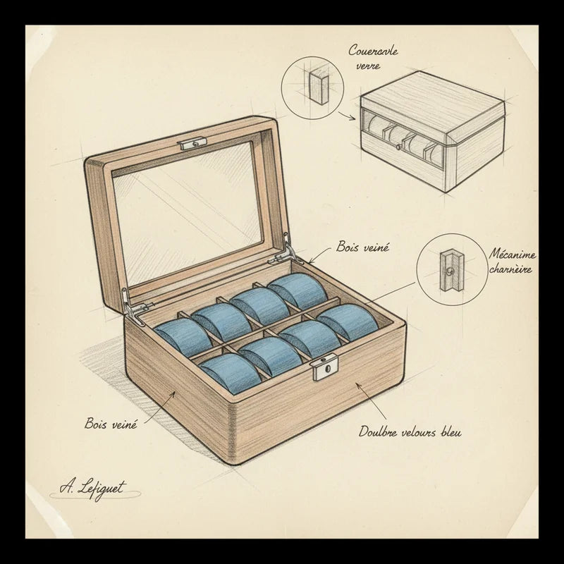 Boite à montre Luxueuse Gravée 8 slots - croquis technique artisan | Boites Lefiguet