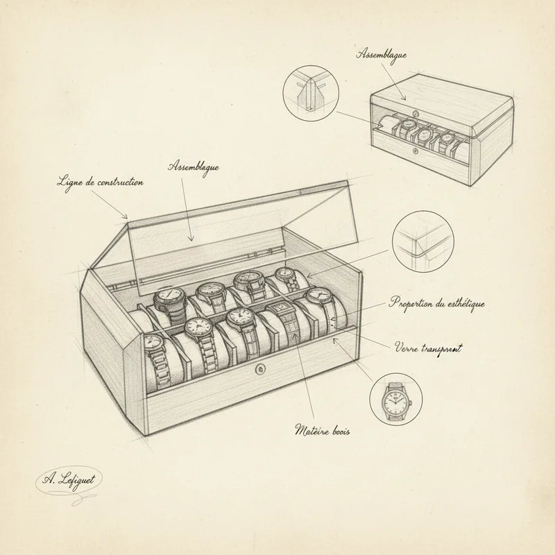 Boite à montre Vintage Gravée 10 slots - Héritage - croquis technique artisan | Boites Lefiguet