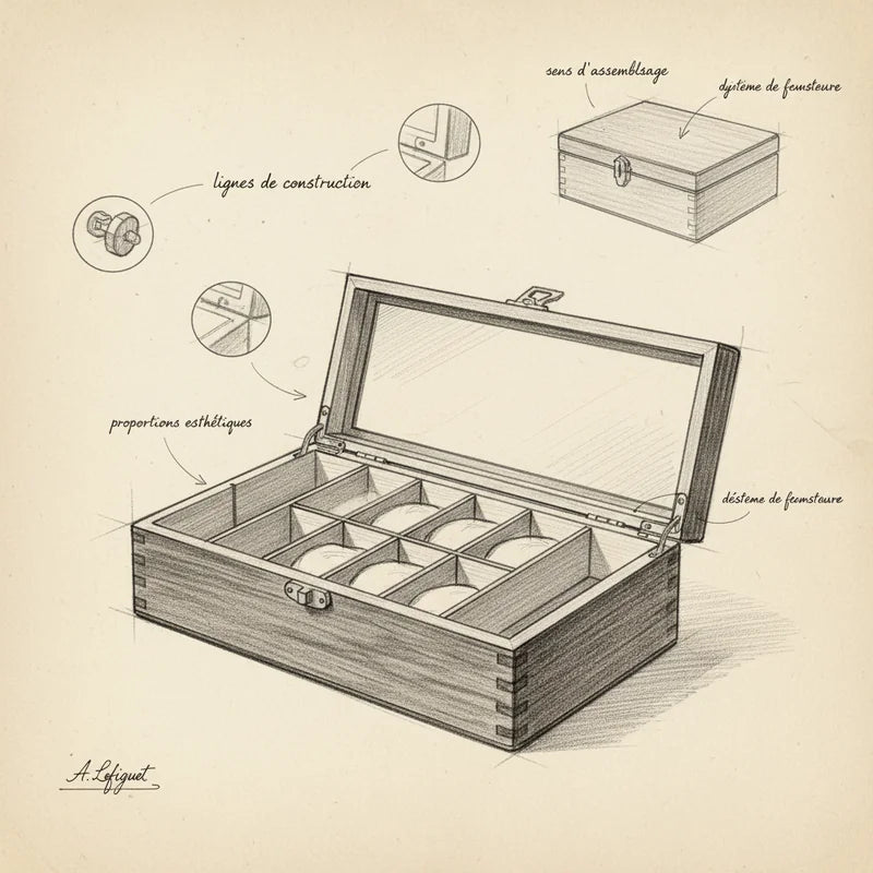 Boite à montre 8 slots - Brown Wood - croquis technique artisan | Boites Lefiguet