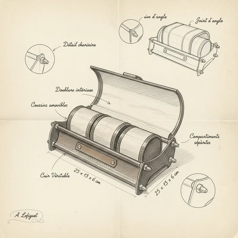 Présentoir en cuir 3 slots avec gravure - croquis technique artisan | Boites Lefiguet