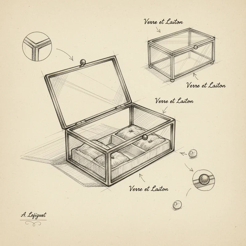 Boite à Bijoux Ancienne Verre - croquis technique artisan | Boites Lefiguet