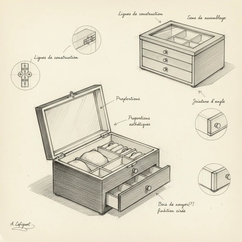 Boite Rangement Bijoux Bois - croquis technique artisan | Boites Lefiguet