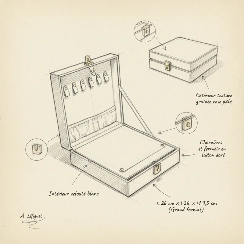 Boite a Bijoux Rose Pale - croquis technique artisan | Boites Lefiguet