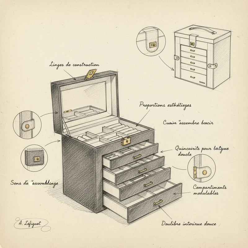 Boite à Bijoux Femme - croquis technique artisan | Boites Lefiguet