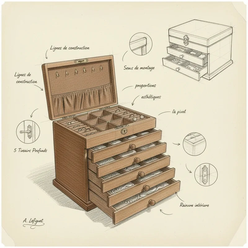 Grande Boite a Bijoux Design - croquis technique artisan | Boites Lefiguet