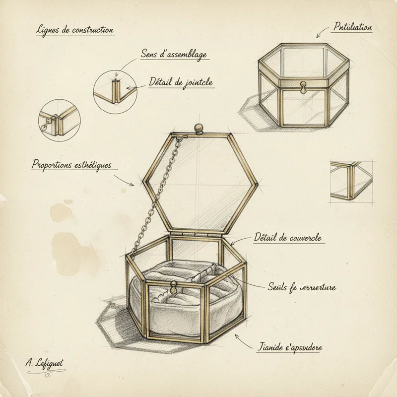 Boite Bijoux Verre et Or - croquis technique artisan | Boites Lefiguet