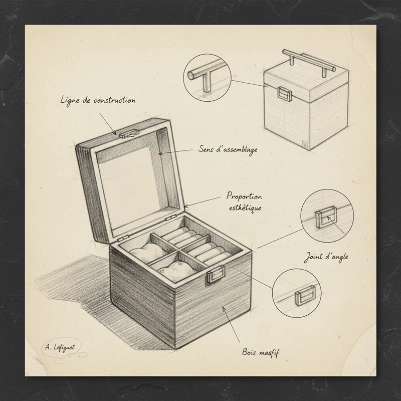 Boite à Bijoux Avec Miroir - croquis technique artisan | Boites Lefiguet