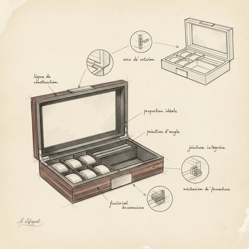 Boite range montre et lunettes - croquis technique artisan | Boites Lefiguet