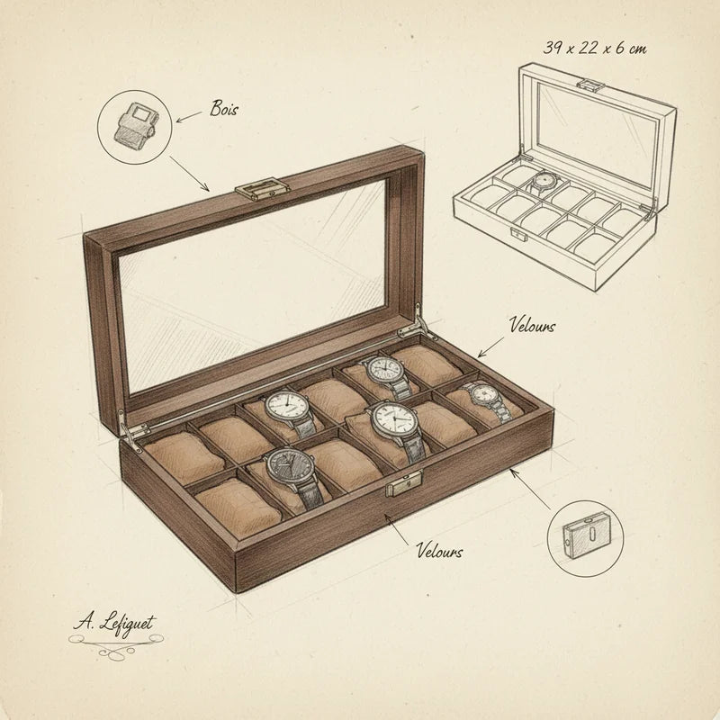 Boite 12 Montres - croquis technique artisan | Boites Lefiguet
