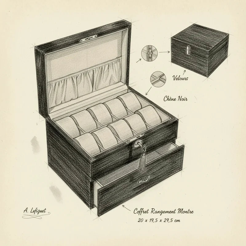 Coffret Rangement Montre - croquis technique artisan | Boites Lefiguet