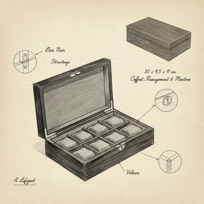 Coffret Rangement 6 Montres - croquis technique artisan | Boites Lefiguet