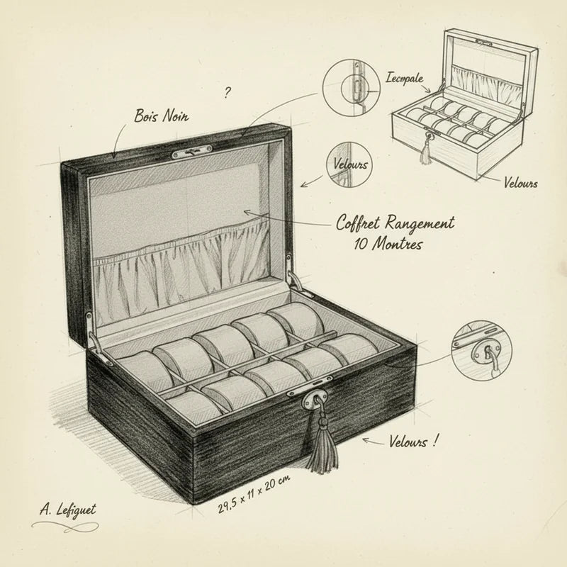 Coffret Rangement 10 Montres - croquis technique artisan | Boites Lefiguet