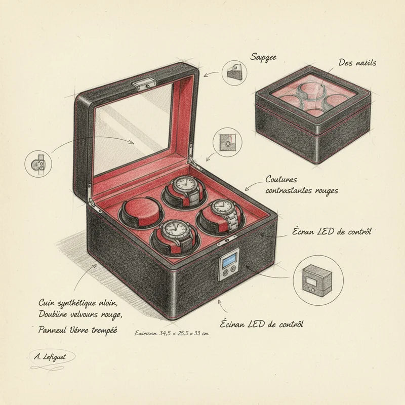 Remontoir Montre de Luxe Digital en Cuir 4 slots - croquis technique artisan | Boites Lefiguet