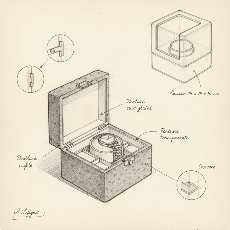 Remontoir Montre Cuir Ancien - croquis technique artisan | Boites Lefiguet