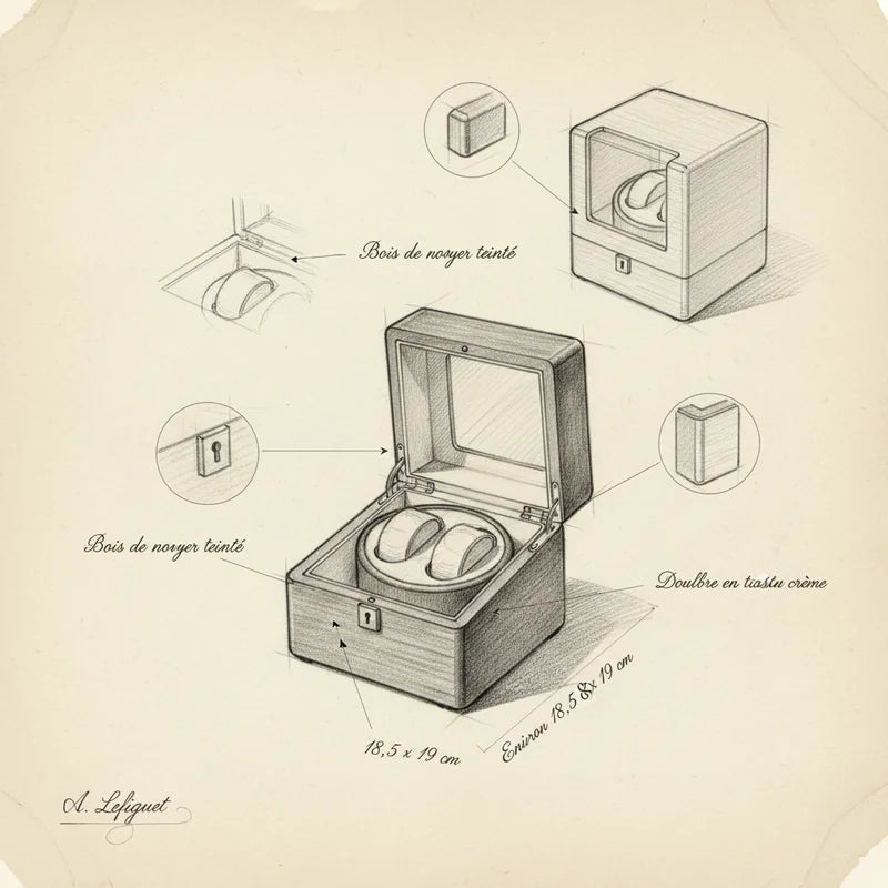 Remontoir Double Montre Automatique - croquis technique artisan | Boites Lefiguet