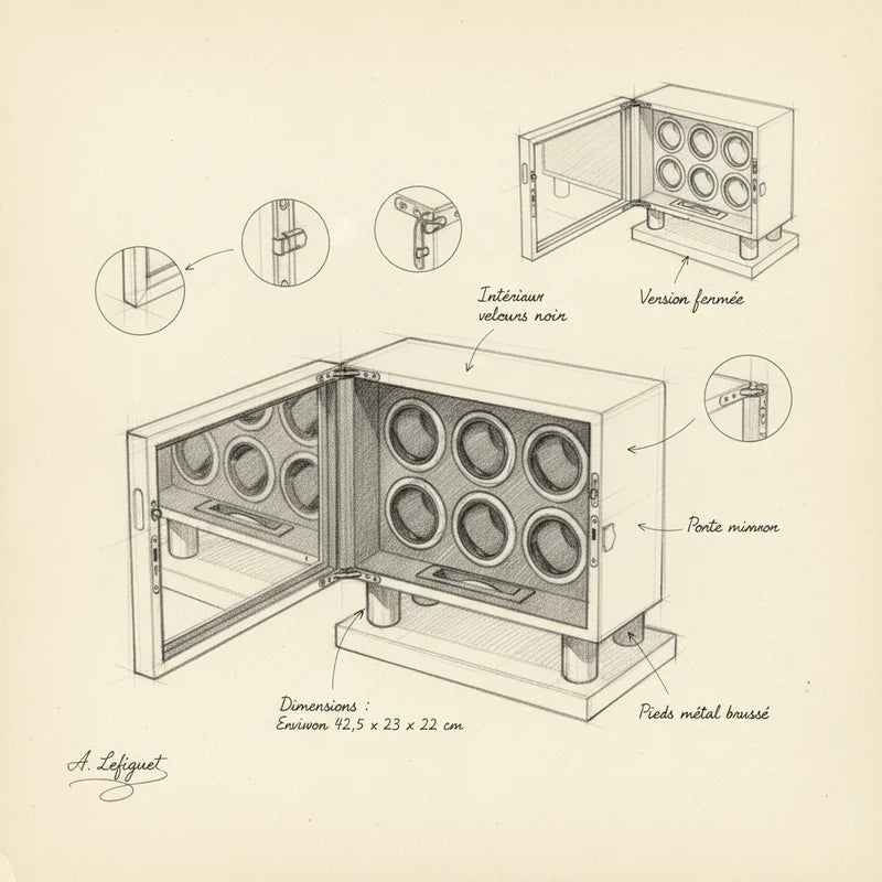 Remontoir Montre Mécanique 6 emplacements - croquis technique artisan | Boites Lefiguet