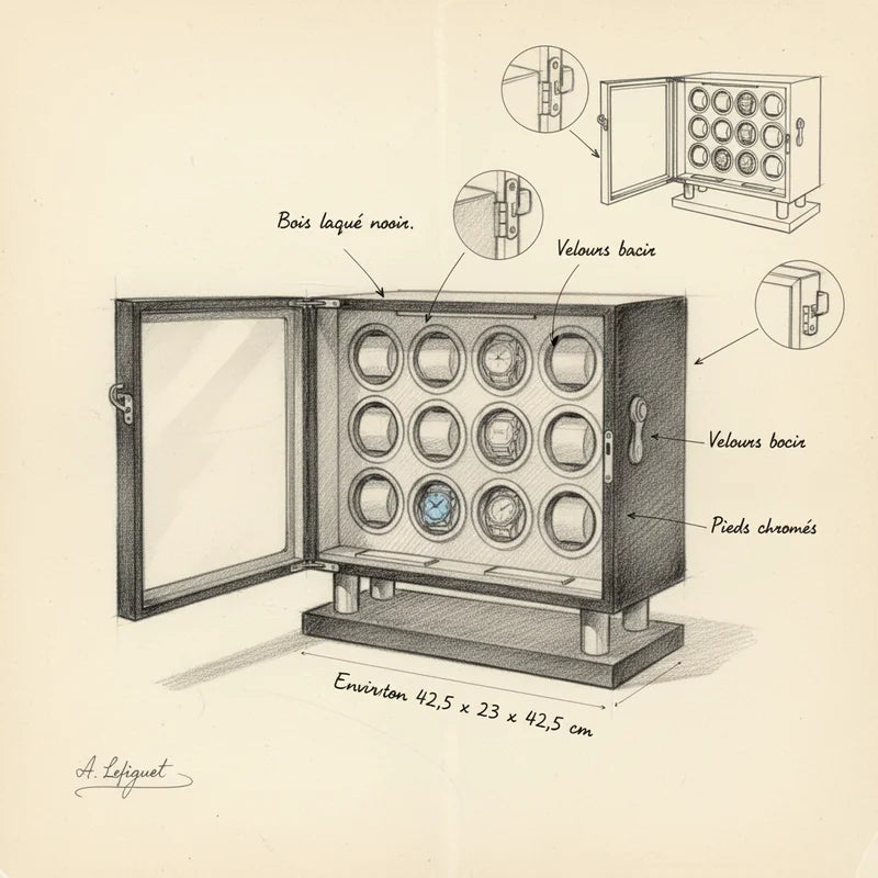 Remontoir Montre Mécanique 12 slots - croquis technique artisan | Boites Lefiguet