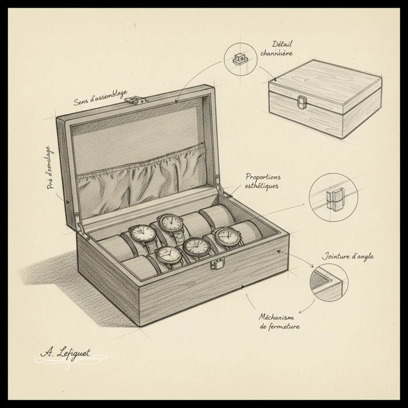 Boite 10 Montres Compartiments Larges - croquis technique artisan | Boites Lefiguet