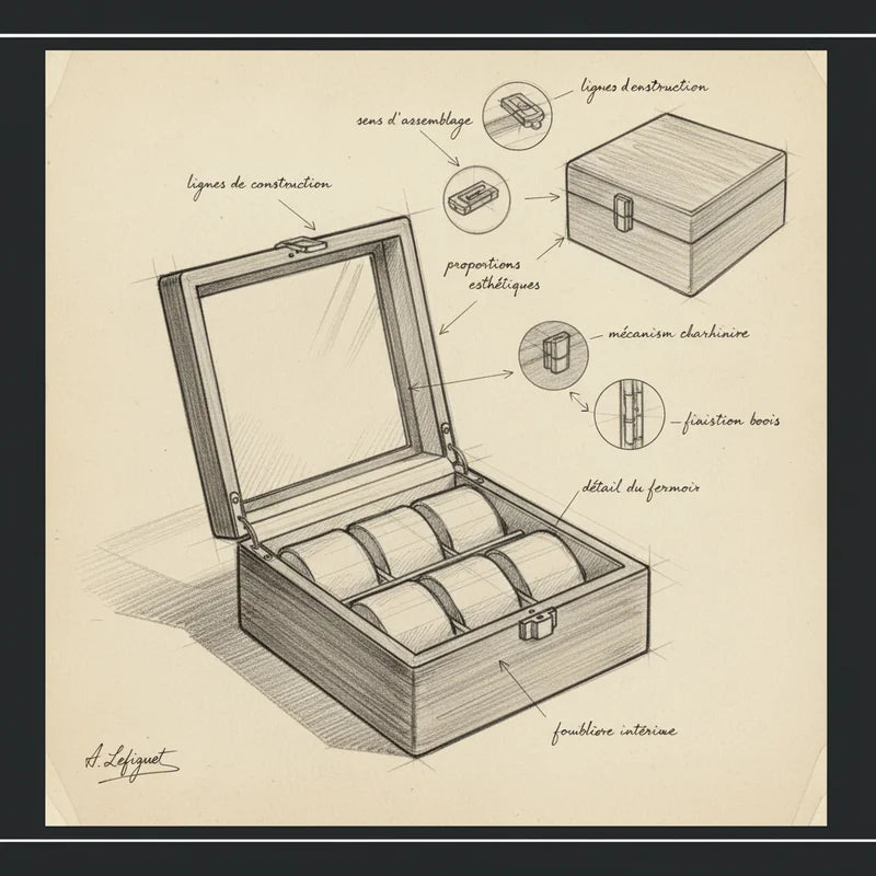 Boite Rangement 6 Montres Bois - croquis technique artisan | Boites Lefiguet