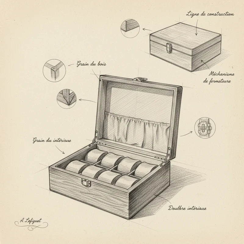 Boite 8 Montres Bois - croquis technique artisan | Boites Lefiguet