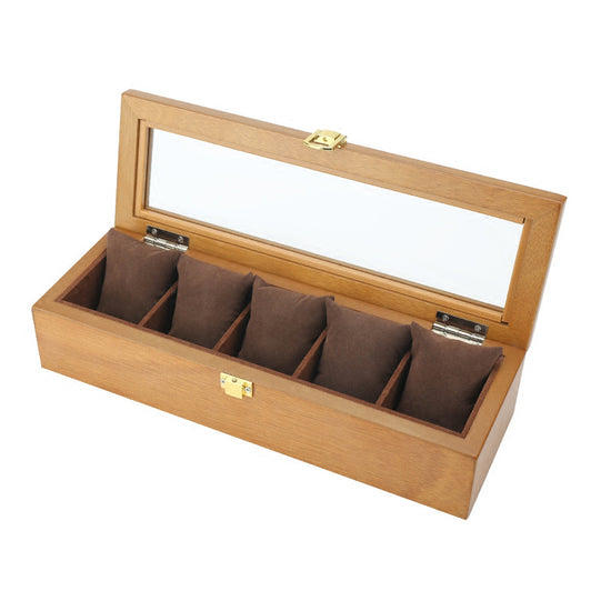 A Boites Lefiguet Boite 5 Montres, une boîte en bois avec quatre compartiments et un couvercle.