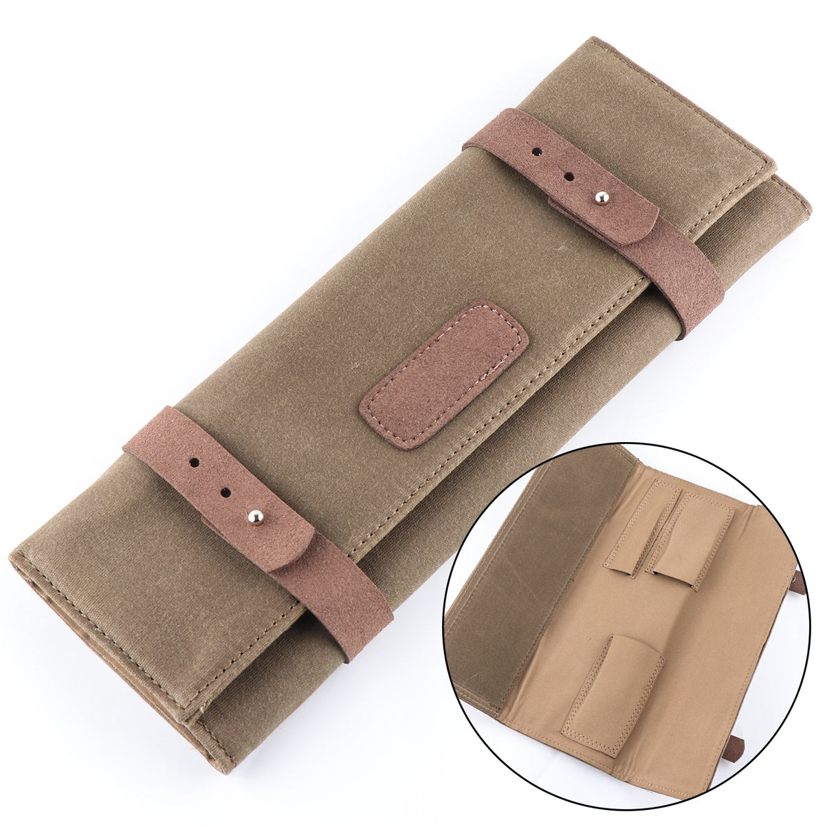 Une Trousse pour montre marron et beige avec un bracelet en cuir, de la marque Boites Lefiguet.